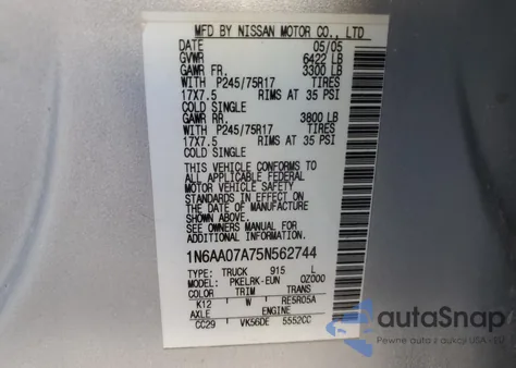 2005 Nissan Titan Xe из США, поврежденный, VIN 1N6AA07A75N562744